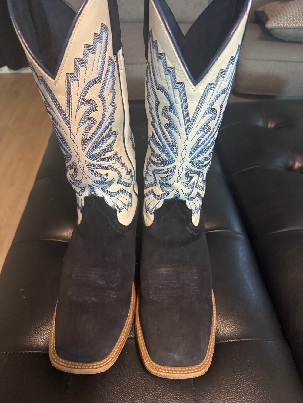 Ariat Black Suede Foot Western Boots with White Shaft and Blue Embroidery